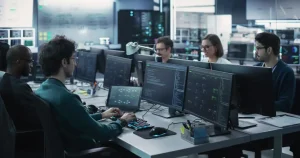 556309-0-55620800-1746596118-shutterstock_2287185545 - Assistência Informática - Assistência Informática Team of engineers coding at desks with multiple monitors in a server room by dim blue lighting in the background.
