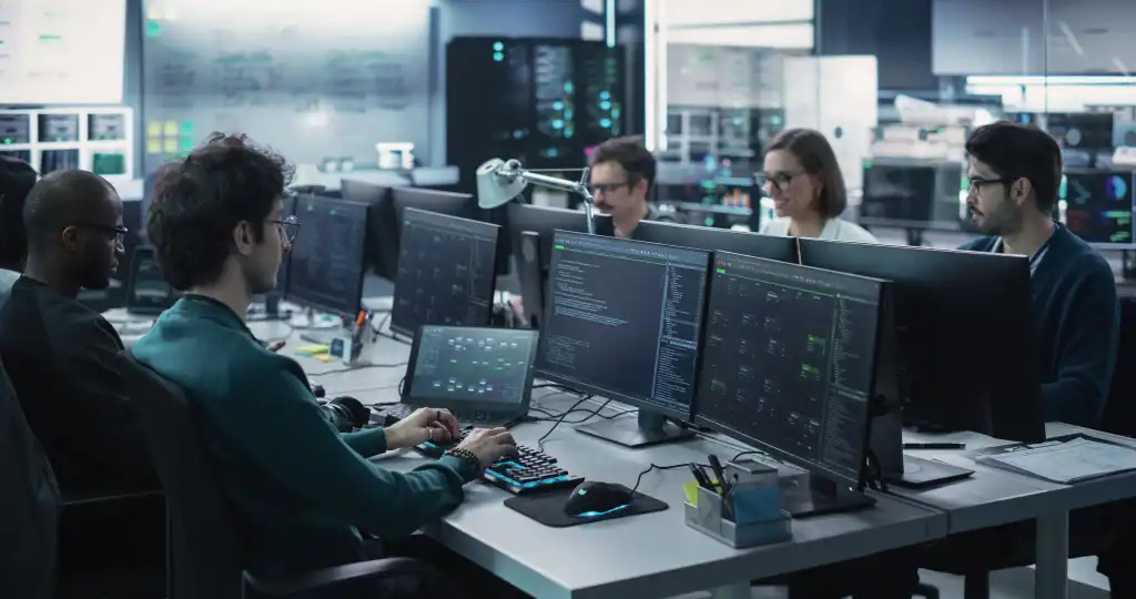 Equipo de ingenieros programando en sus escritorios, con varios monitores, en una sala de servidores, con una tenue luz azul de fondo.