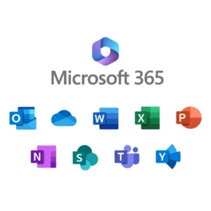 ms-365-group - Assistência Informática - Assistência Informática Microsoft 365 logo centered above a row of colorful app icons (Outlook, OneDrive, Word, Excel, PowerPoint) indicating the suite of Microsoft 365 apps.