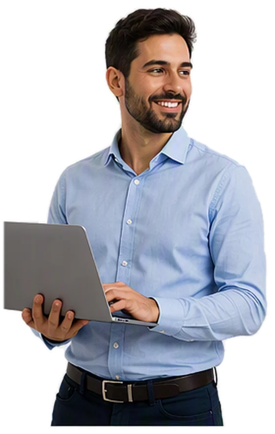 Hombre con una camisa abotonada azul claro sostiene una computadora portátil plateada, mirando hacia la derecha y sonriendo en un entorno profesional.