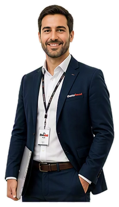 A smiling man in a navy suit, wearing a lanyard and a name badge, holding a laptop under his arm.
