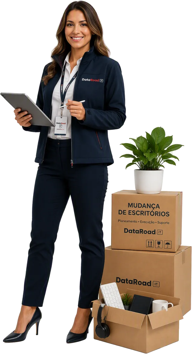 Woman in DataRoad uniform holds a tablet and pen during an office move, with labelled moving boxes and a plant nearby.