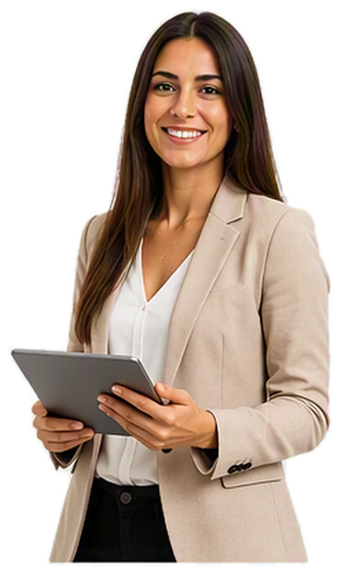 Mujer de negocios con una chaqueta beige, que sostiene una tableta y sonríe.